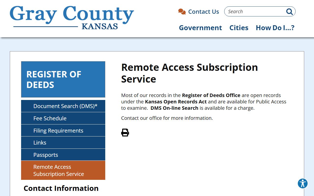 Gray County Clerk of the District Court fee routing and Register of Deeds remote access
