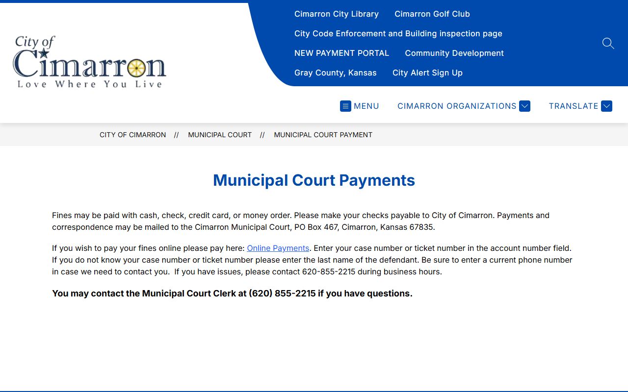 Gray County arrest records Cimarron municipal court payment page