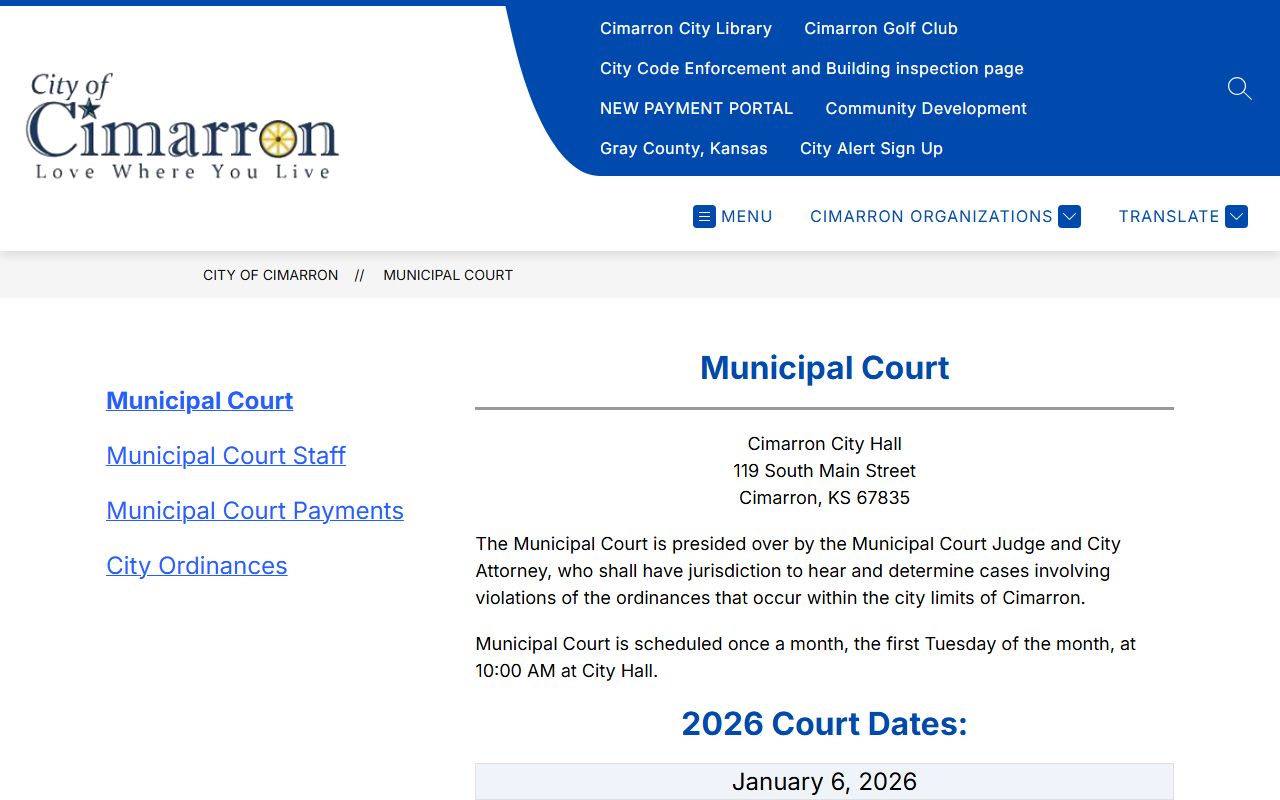 Gray County arrest records Cimarron Municipal Court page