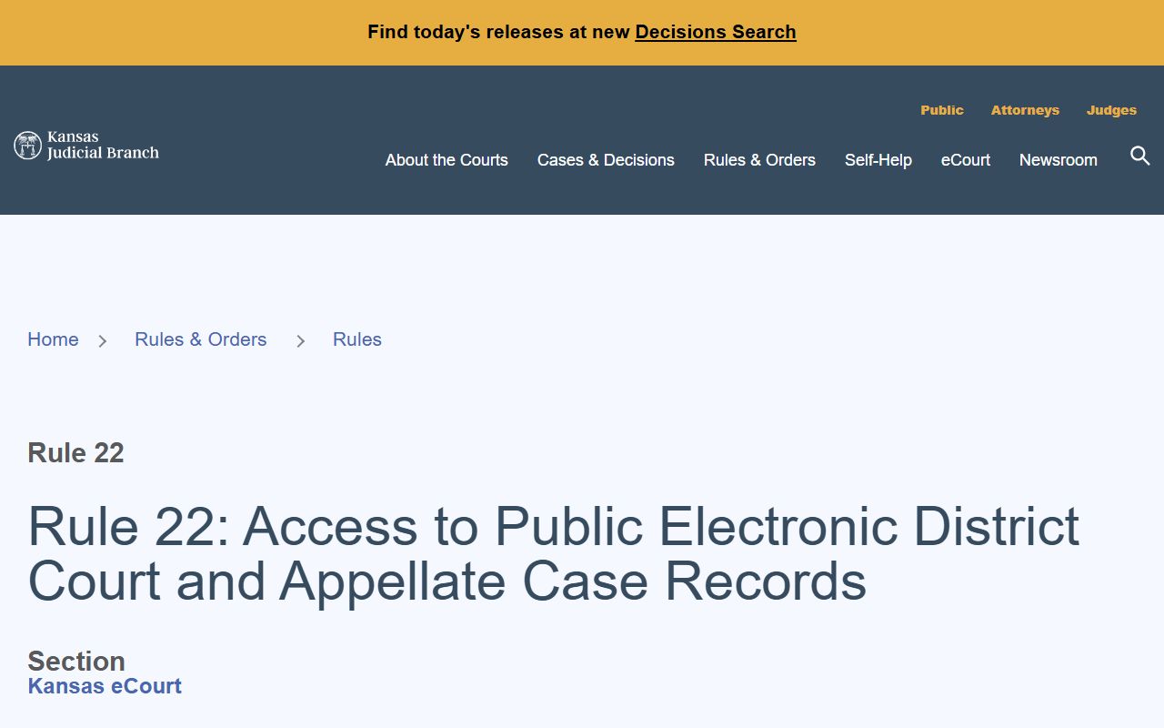 Gray County court records Kansas Supreme Court Rule 22 access page